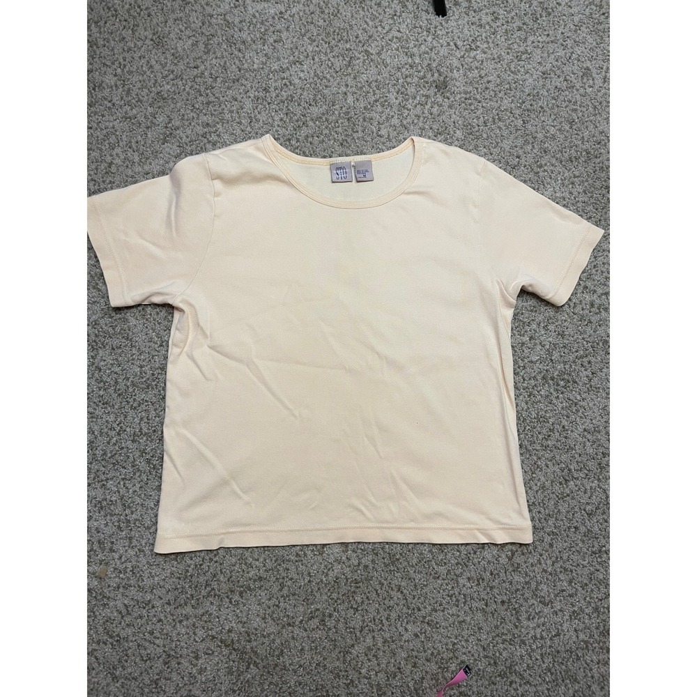 Vintage 90s STO Pale Yellow Cotton T-Shirt Rachel Green Style Medium Made Israel